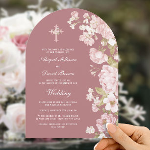 Invitation Fleurs Roses sur Arche Religieuse Mariage Dusty Ro
