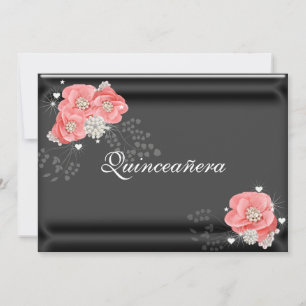 Invitation Fleurs roses sur fond noir, Quinceañera, 15e anniv