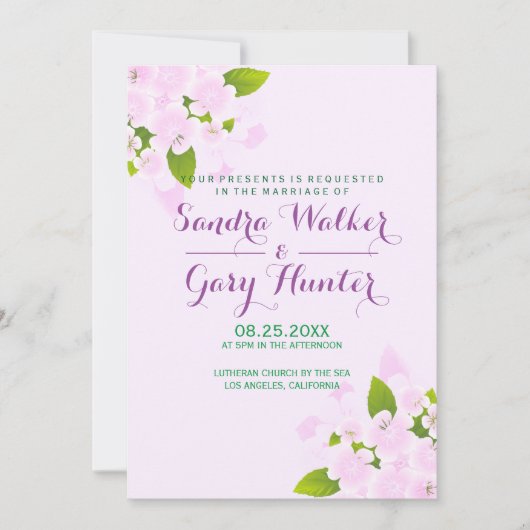 Invitation Fleurs roses sur fond rose clair de mariage (Devant)