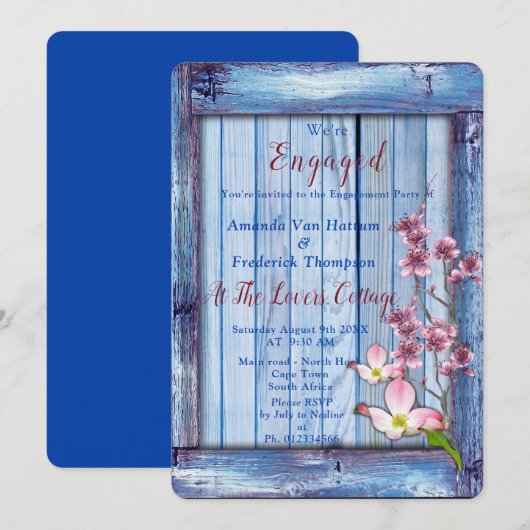 Invitation Fleurs roses sur la texture de bois bleu (Devant / Derrière)