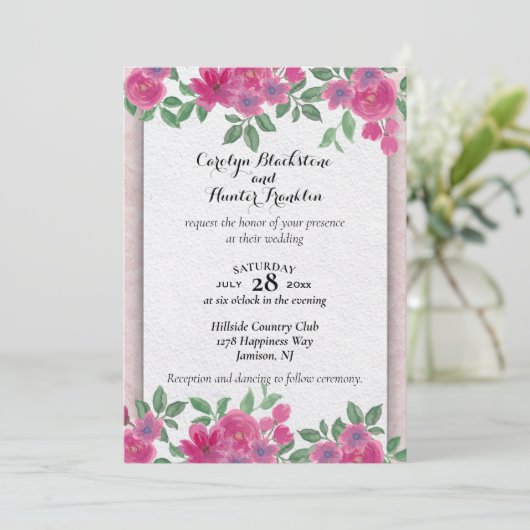 Invitation Fleurs roses sur Mariage blanc et rose (Debout devant)