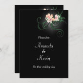 Invitation Fleurs roses sur Mariage noir (Devant / Derrière)
