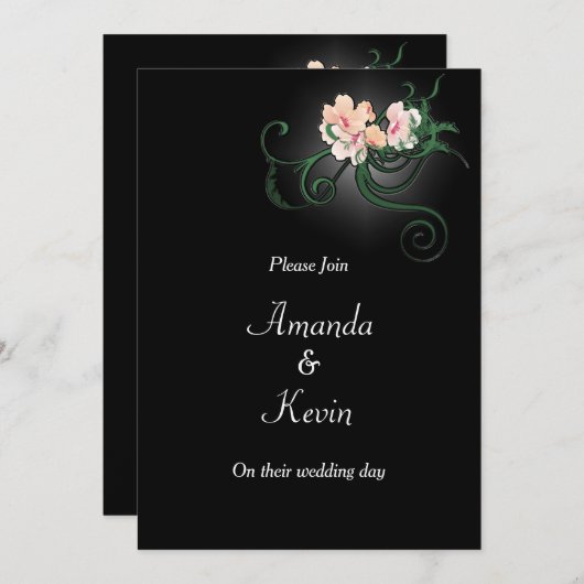 Invitation Fleurs roses sur Mariage noir (Devant / Derrière)