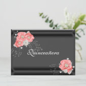 Invitation Fleurs roses sur Noir, Quinceañera, 15e anniversai (Debout devant)
