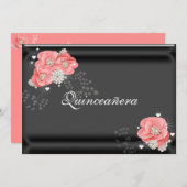 Invitation Fleurs roses sur Noir, Quinceañera, 15e anniversai (Devant / Derrière)
