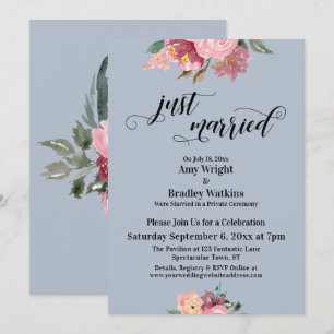 Invitation Fleurs roses typographie juste mariés bleu poussié