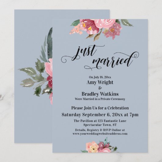 Invitation Fleurs roses typographie juste mariés bleu poussié (Devant / Derrière)