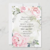 Invitation Fleurs Roses Verdure Élégant Code QR Mariage (Devant)