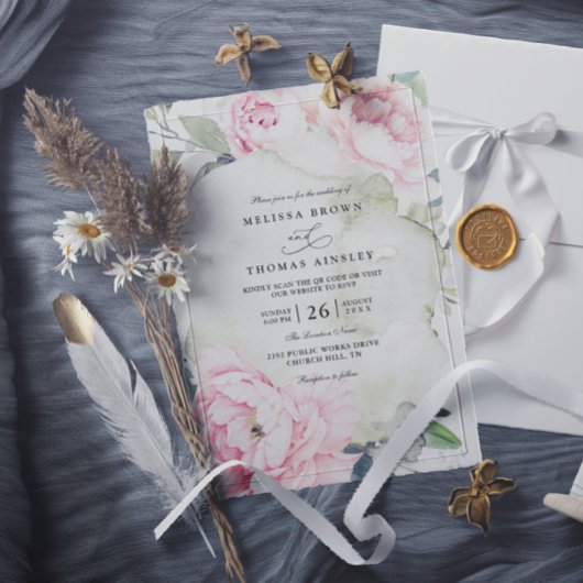 Invitation Fleurs Roses Verdure Élégant Code QR Mariage