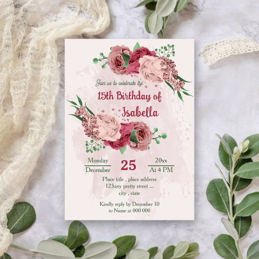 Invitation fleurs roses vert feuille anniversaire botanique