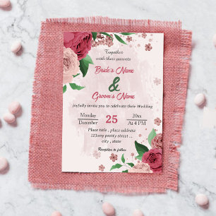 Invitation fleurs roses vert feuille mariage botanique