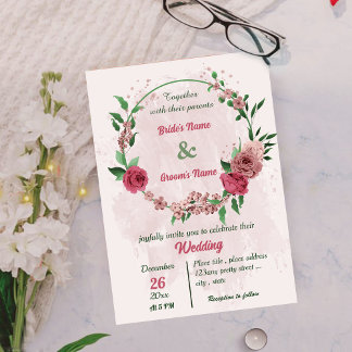 Invitation fleurs roses vert feuille mariage botanique