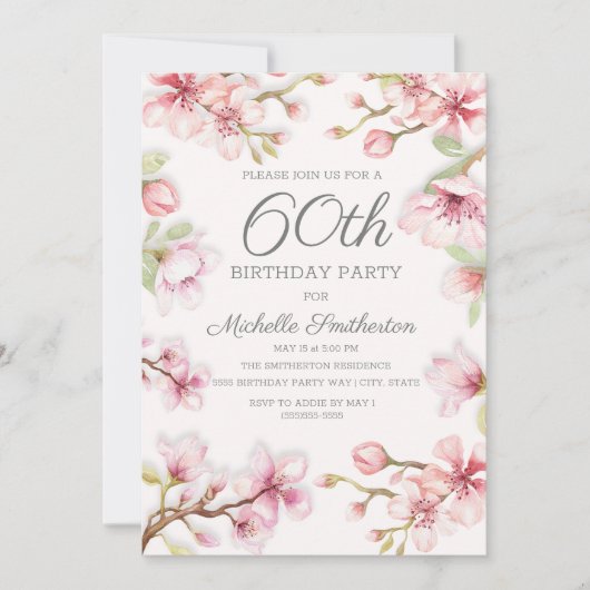 Invitation Fleurs roses Vert Feuilles 60e anniversaire (Devant)