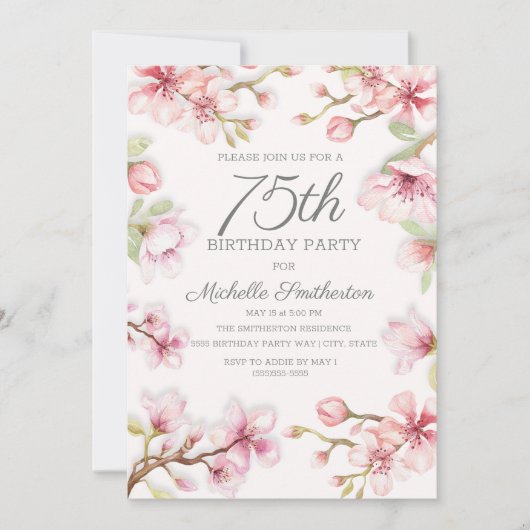 Invitation Fleurs roses Vert Feuilles 75e anniversaire (Devant)