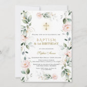 Invitation Fleurs roses vertes Baptême 1er anniversaire (Devant)