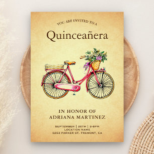 Invitation Fleurs Roses Vintage de Quinceanera à Bicyclette