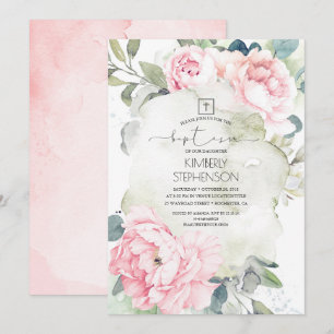 Invitation Fleurs roses vintages et baptême de verdure