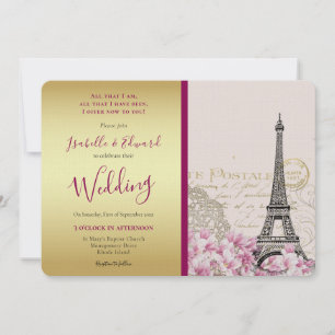 Invitation Fleurs roses vintages Tour Eiffel Or & Bourgogne