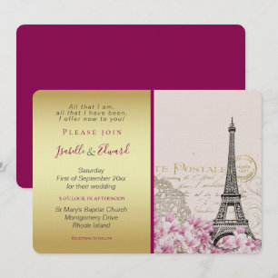 Invitation Fleurs roses vintages Tour Eiffel Or & Bourgogne