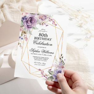 Invitation Fleurs Roses violettes et bleues 80 anniversaire