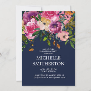 Invitation Fleurs roses violettes Fête des 75 ans Bleu marine