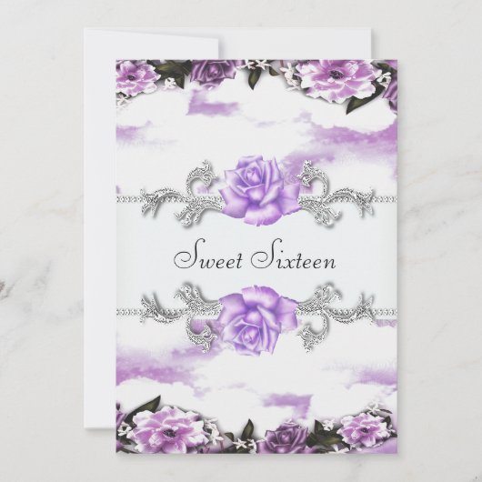 Invitation Fleurs Roses Violettes Fête Douce Seize Ans Violet (Devant)