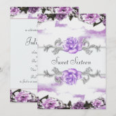 Invitation Fleurs Roses Violettes Fête Douce Seize Ans Violet (Devant / Derrière)