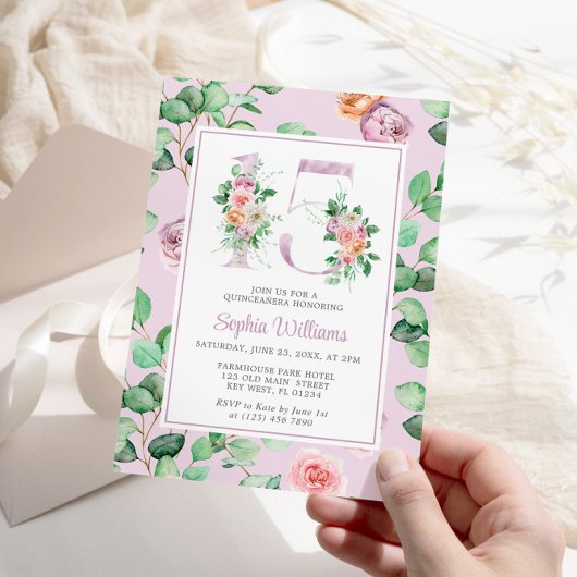 Invitation Fleurs Roses violettes Numéro 15 Floral Quinceañer