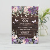 Invitation Fleurs Roses Violettes Papillons Rustique Bois 50è (Debout devant)