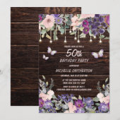 Invitation Fleurs Roses Violettes Papillons Rustique Bois 50è (Devant / Derrière)