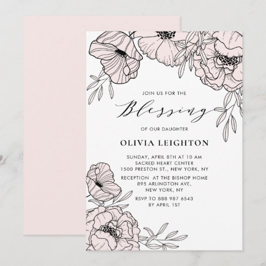 Invitation Fleurs roses vives modernes Bénédiction bébé (Devant / Derrière)
