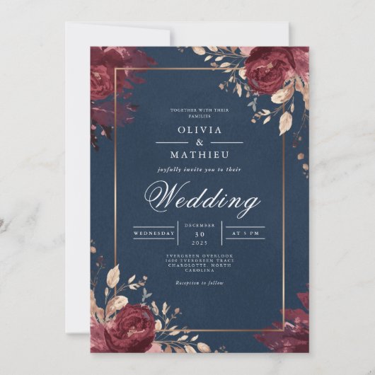 Invitation Fleurs Rouge Profond Mariage à Bordure Navy (Devant)