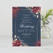 Invitation Fleurs Rouge Profond Mariage à Bordure Navy (Debout devant)