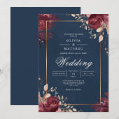 Invitation Fleurs Rouge Profond Mariage à Bordure Navy (Devant / Derrière)