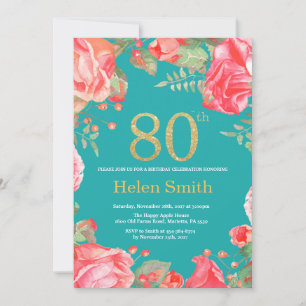Invitation Fleurs rouges 80e anniversaire paillettes dorées e