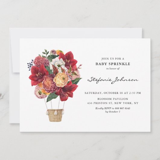 Invitation Fleurs rouges Ballons à air chaud Bébé saupoudré (Devant)