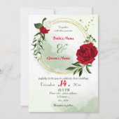 Invitation fleurs rouges blanches verdure or couronne mariage (Devant)