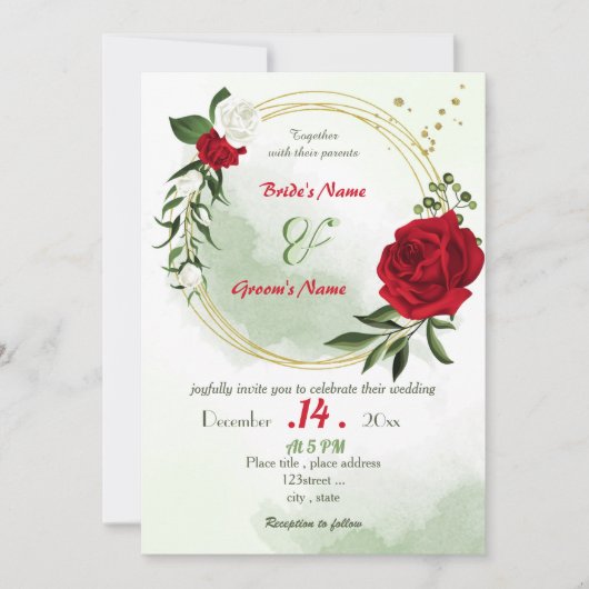 Invitation fleurs rouges blanches verdure or couronne mariage (Devant)