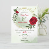 Invitation fleurs rouges blanches verdure or couronne mariage (Debout devant)