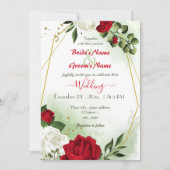Invitation fleurs rouges blanches verdure or mariage géométri (Devant)