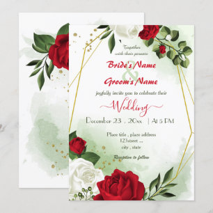Invitation fleurs rouges blanches verdure or mariage géométri