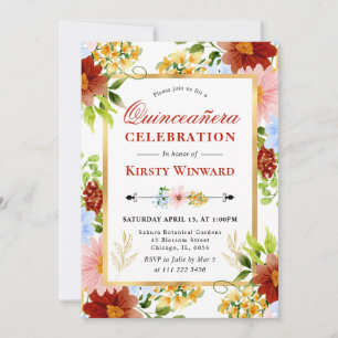 Invitation Fleurs Rouges, Bleues et Jaunes Quinceanera