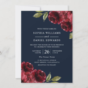 Invitation Fleurs rouges bordeaux, Mariage bleu marine