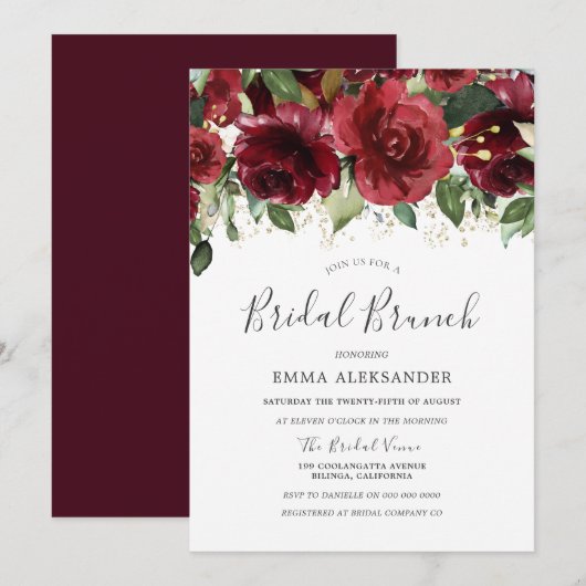 Invitation Fleurs rouges Bourgogne Fête des mariées Parties s (Devant / Derrière)