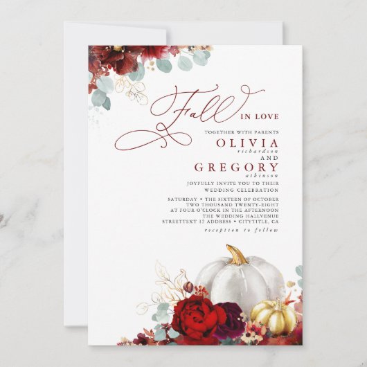 Invitation Fleurs Rouges Bourgogne Mariage de automne Or Citr (Devant)