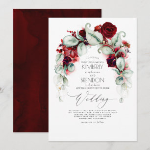 Invitation Fleurs rouges bourguignonnes et verdure Mariage él