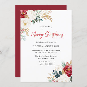 Invitation Fleurs rouges bourguignonnes Joyeux Noël