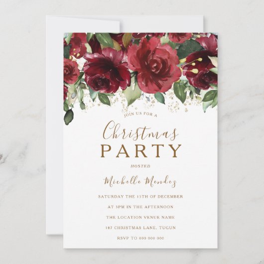 Invitation Fleurs rouges bourguignonnes Parties scintillant d (Devant)