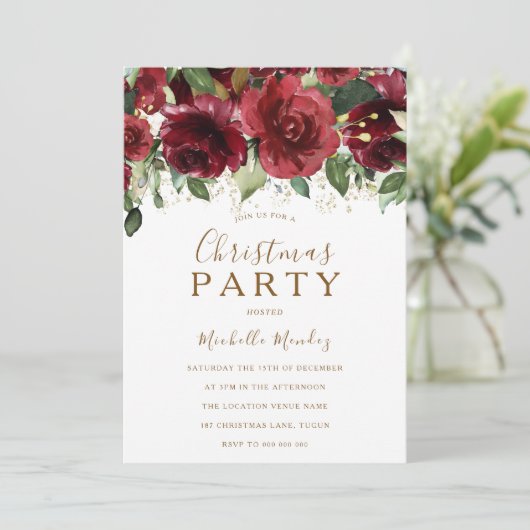 Invitation Fleurs rouges bourguignonnes Parties scintillant d (Debout devant)