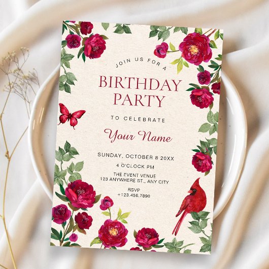 Invitation Fleurs rouges branche anniversaire